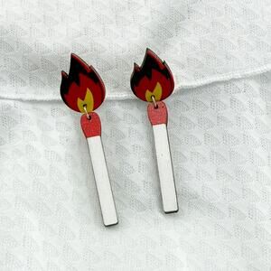 Flame Earrings: Lit Matchstick Dangle Earrings - Wooden